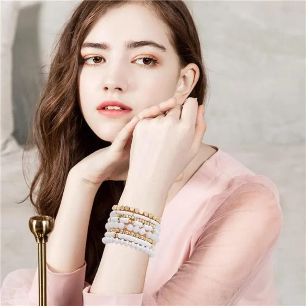 Surfer Heishi Clay Bead Bracelets for Women Bohemian Stackable Gold White Set
